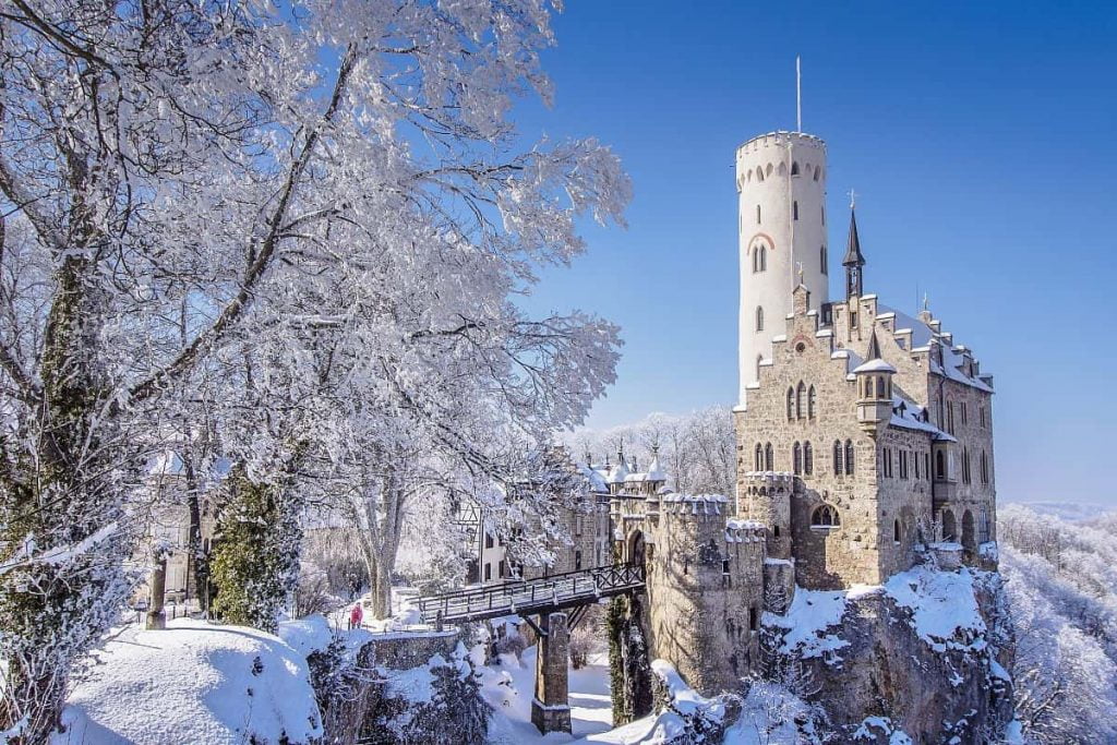 the view of Lichtenstein castle in winter season with clear bright blue sky