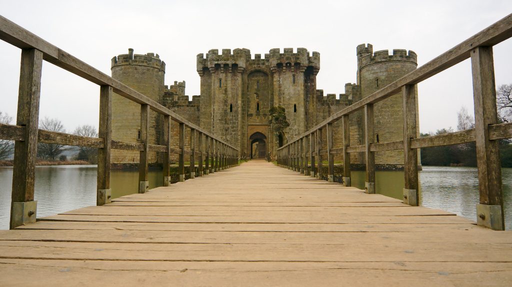 The wooden bridge to Bodiam Castle.