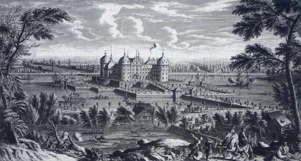 Moritzburg castle from a far back in 1733 captured by the artist Jean Gaspard Ulinger in black and white.