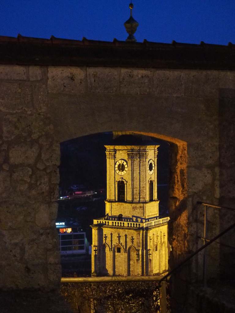 An internal view from the inside of Burghausen castle clock tower at night