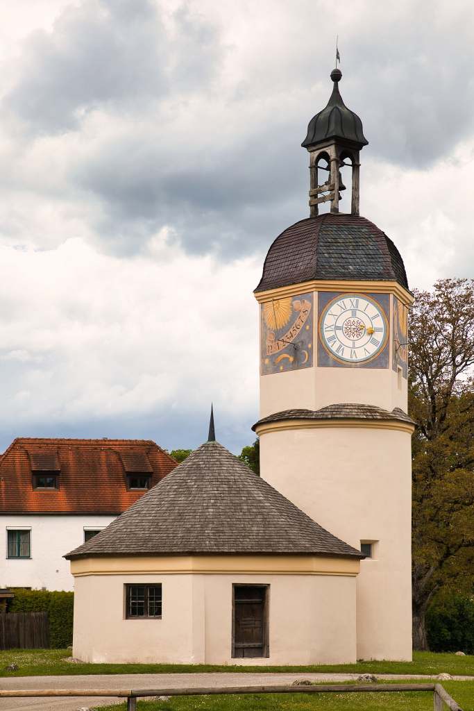 The clock tower from in the sixth courtyard of Burghausen Castle.