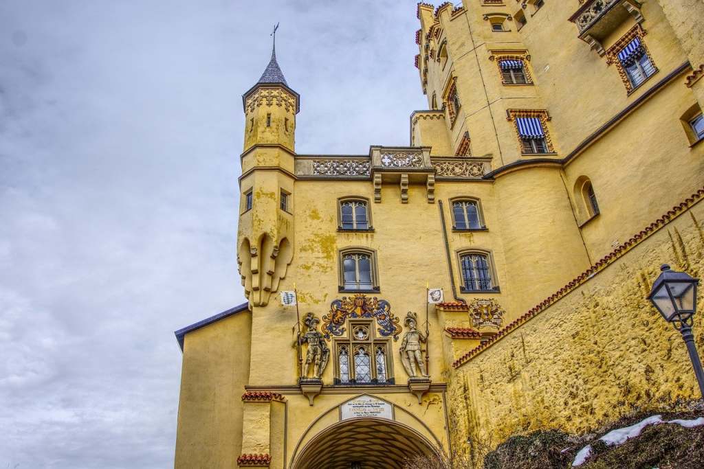 Beautiful architectural details of Hohenschwangau Castle facade. 