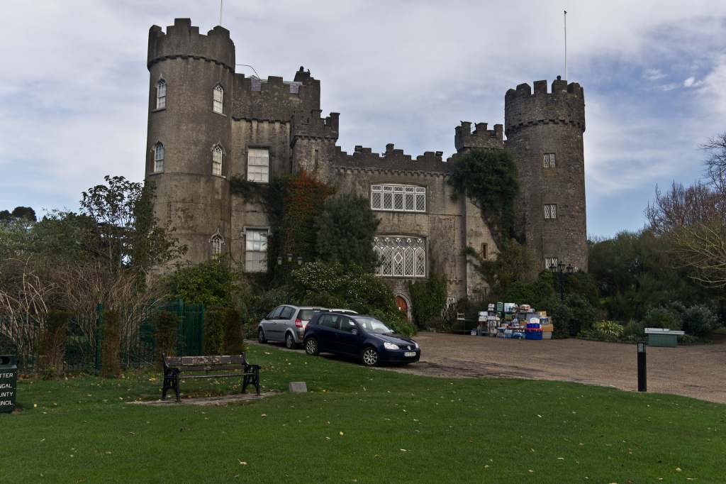 The 800-year-old fortress-styje facade of the Malahide castle.