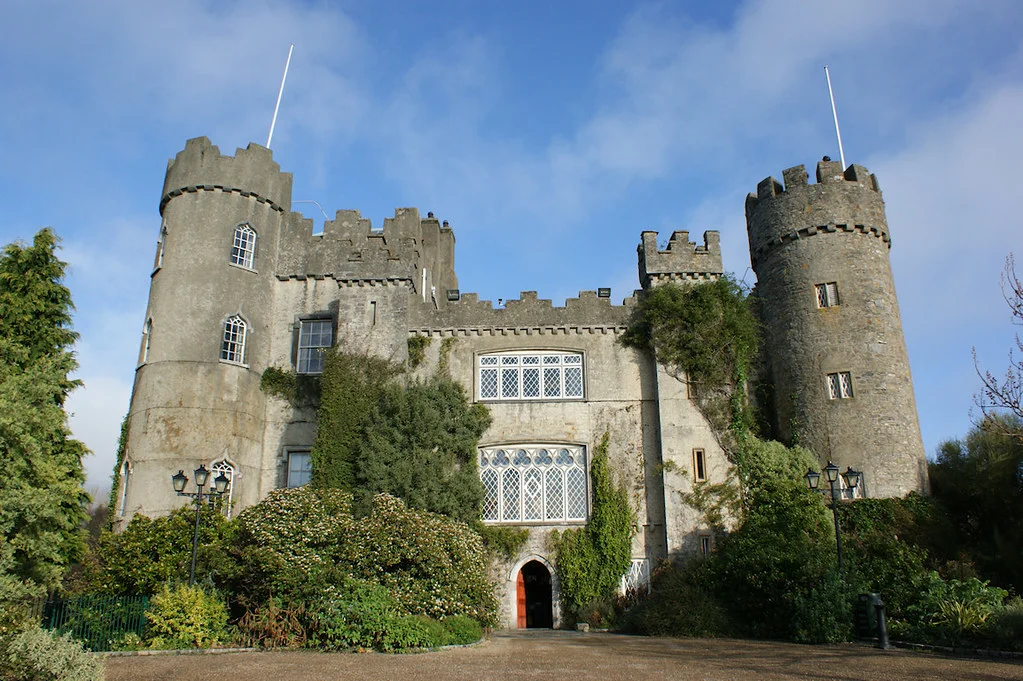 Malahide Castle upclose view surrounded by trees