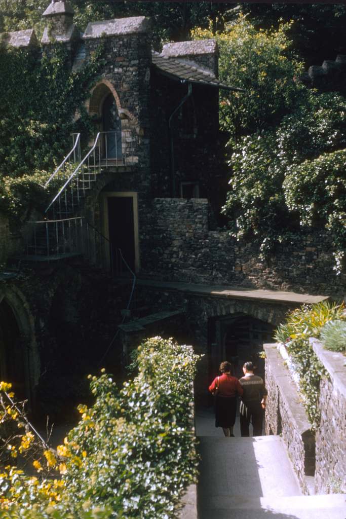 The beautiful walls inside Rheinstein Castle surrounded by flowers and bushes.