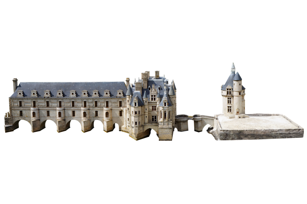 A birds-eye 3D of the Château de Chenonceau that shows its sprawl 