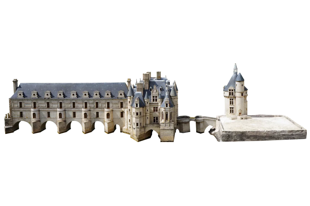 A birds-eye 3D of the Château de Chenonceau that shows its sprawl 