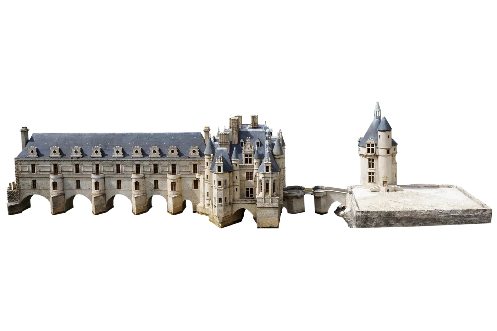 A birds-eye 3D of the Château de Chenonceau that shows its sprawl