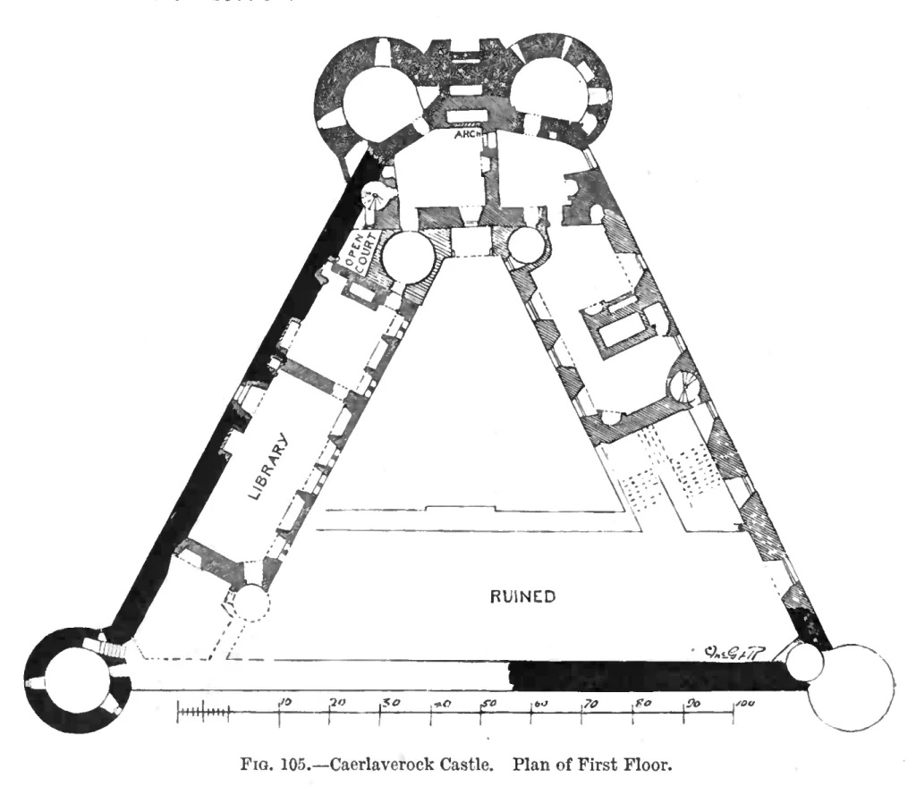 An architectural plan of the Caerlaverock Castle's First floor