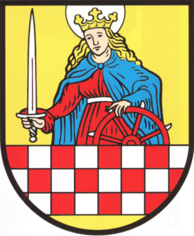 The crest of Altena town & castle--drawn from the patron saint, Catherine of Alexandria, and the coat of arms of the Counts of Mark.