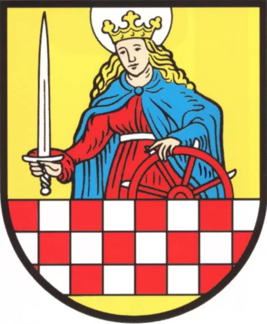 The crest of Altena town & castle--drawn from the patron saint, Catherine of Alexandria, and the coat of arms of the Counts of Mark.