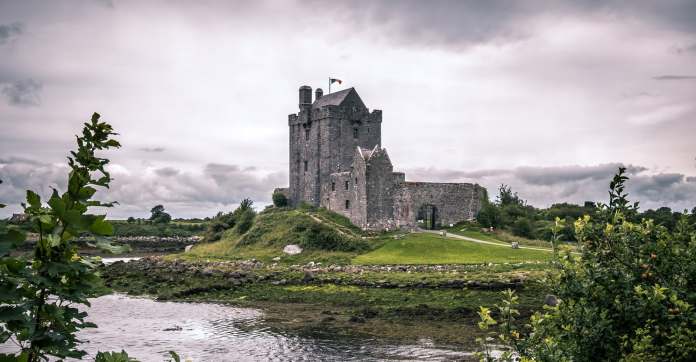 Dunguaire Castle from the other side of the moat with greenery on the sides