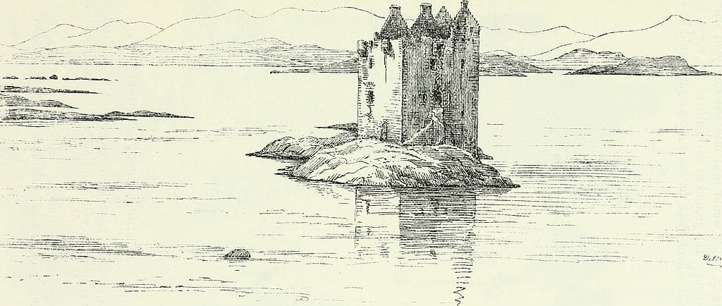 An 1887 rendering of the islet on which Castle Stalker stands.