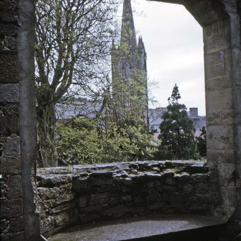 A view from the balcony of the Donegal Castle where you can see another building and trees.