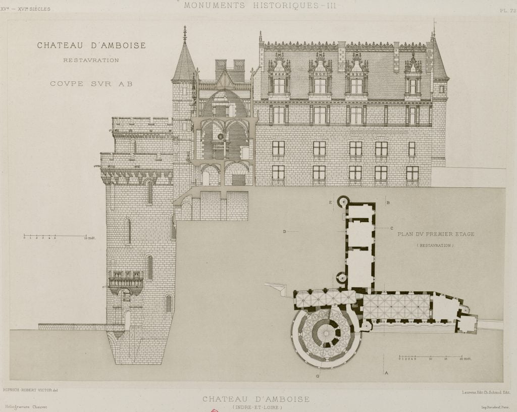 An elevational and planuler look at the Château d’Amboise.