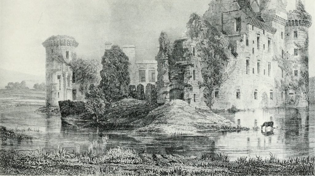 An old sketch of the Caerlaverock Castle and its surroundings 