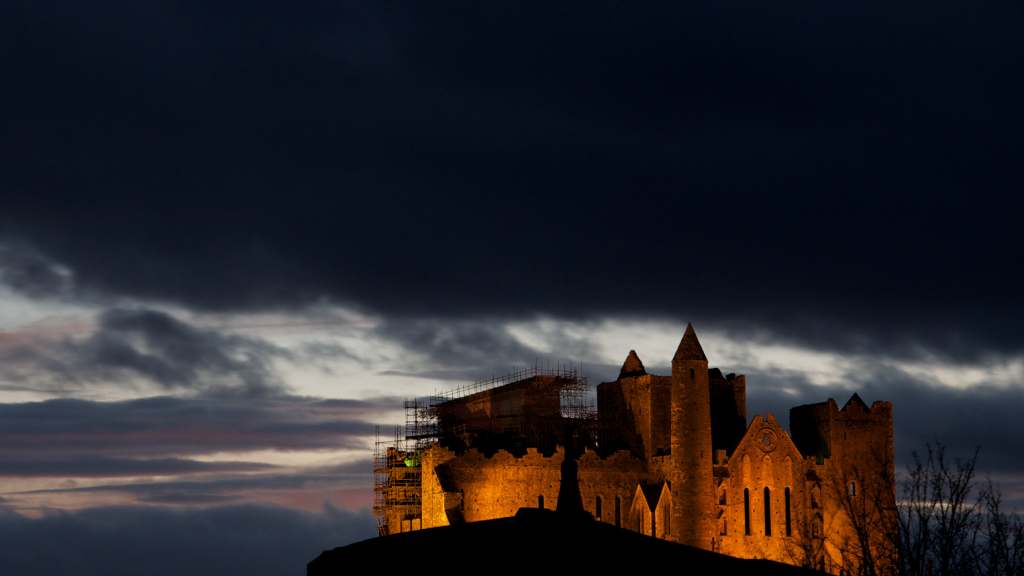 The Rock of Cashel's view at nigh with lights.