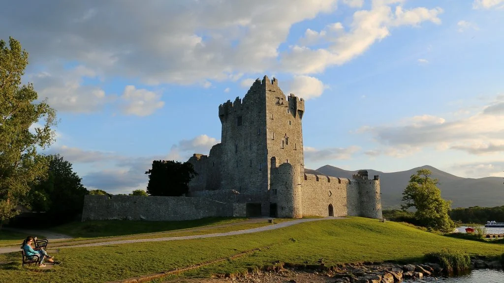 Lakeside and mountain view of Ross Castle.