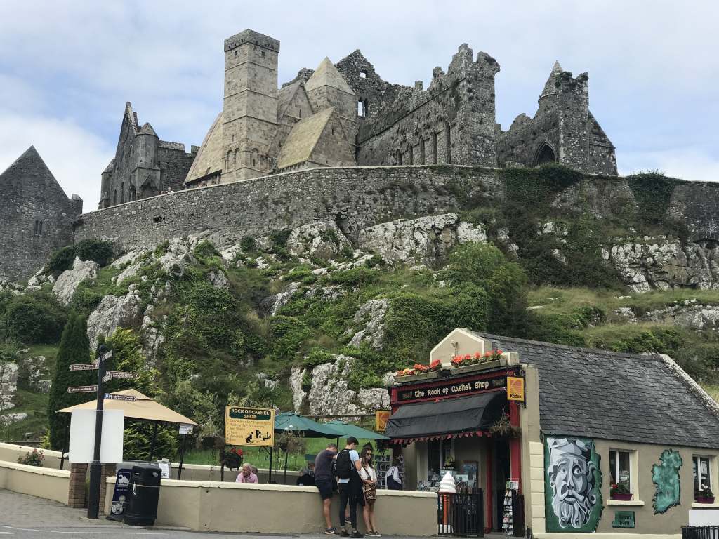 A view of the side elevation of the Rock of Cashel and its entrance.