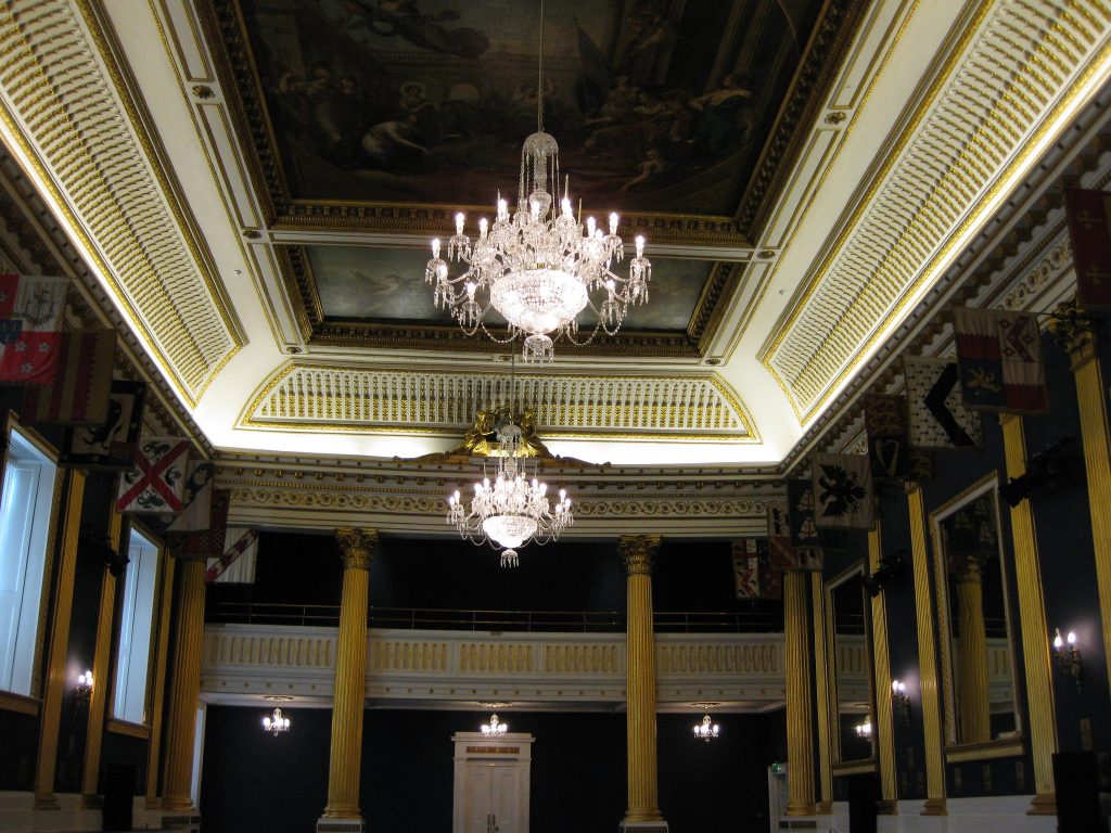 Ballroom at Dublin's Castle with two chandelier . 
