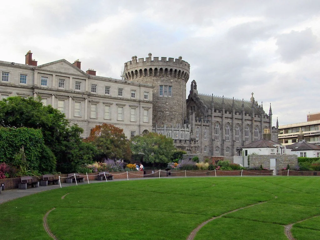 Several buildings of Dublin Castle over Dubhlinn Gardens: (left-to-right) the State Apartments, the Records Tower, & the Chapel Royal.
