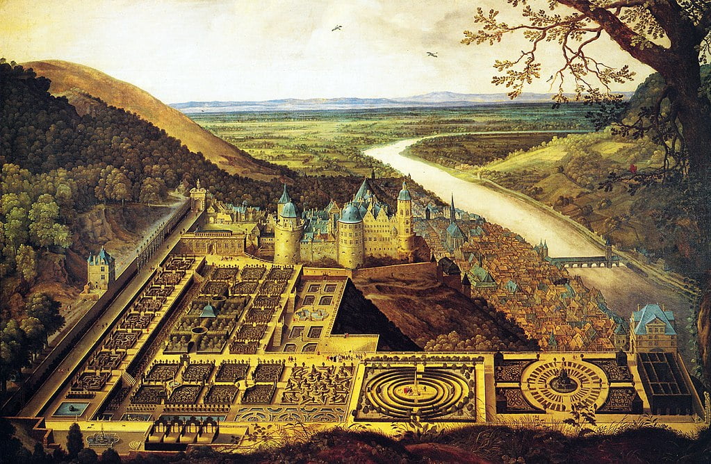 Heidelberg Castle at its full glory around 1650, featuring the Hortus Palatinus (castle gardens) in the foreground.