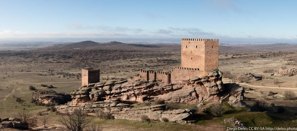 An aerial view of Zafra Castle and its unique topography. 