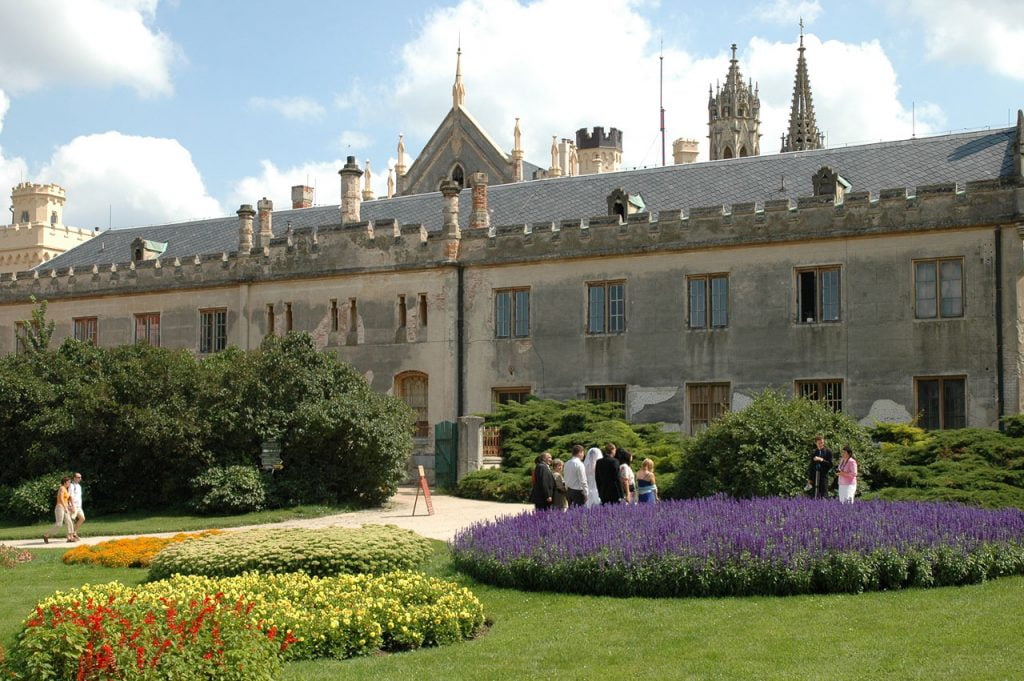 The colorful garden area of Lednice Castle.