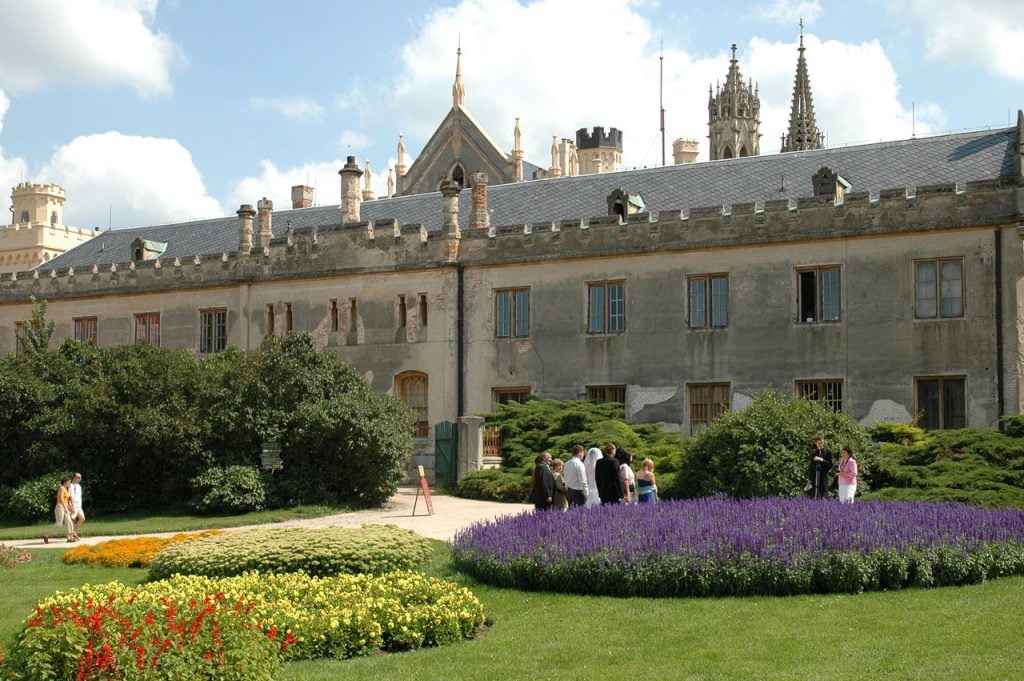 The colorful garden area of Lednice Castle. 