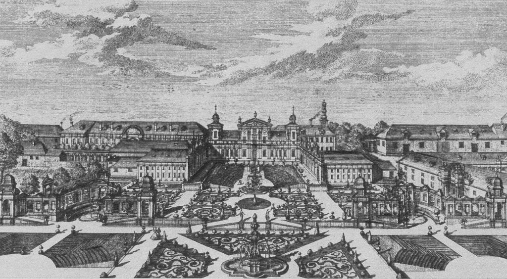 An 18th-century engraving of Lednice Castle by Johann Adam Delsenbach. 