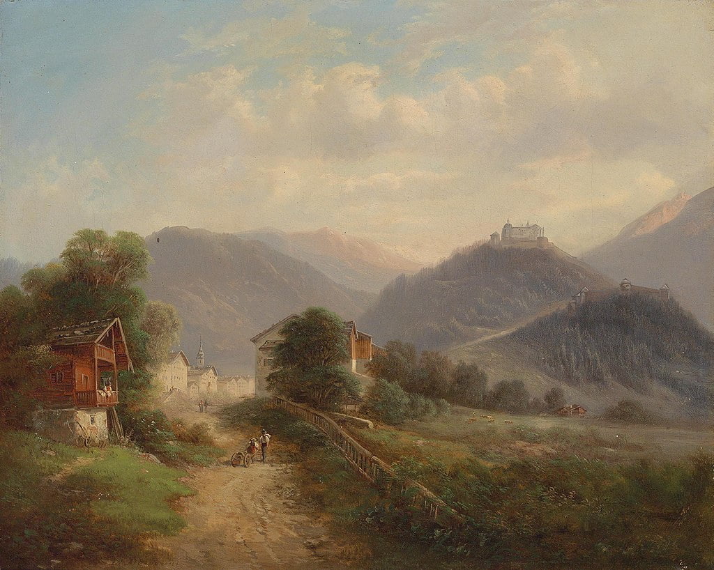 A painting that shows Hohenwerfen Castle in the distance.