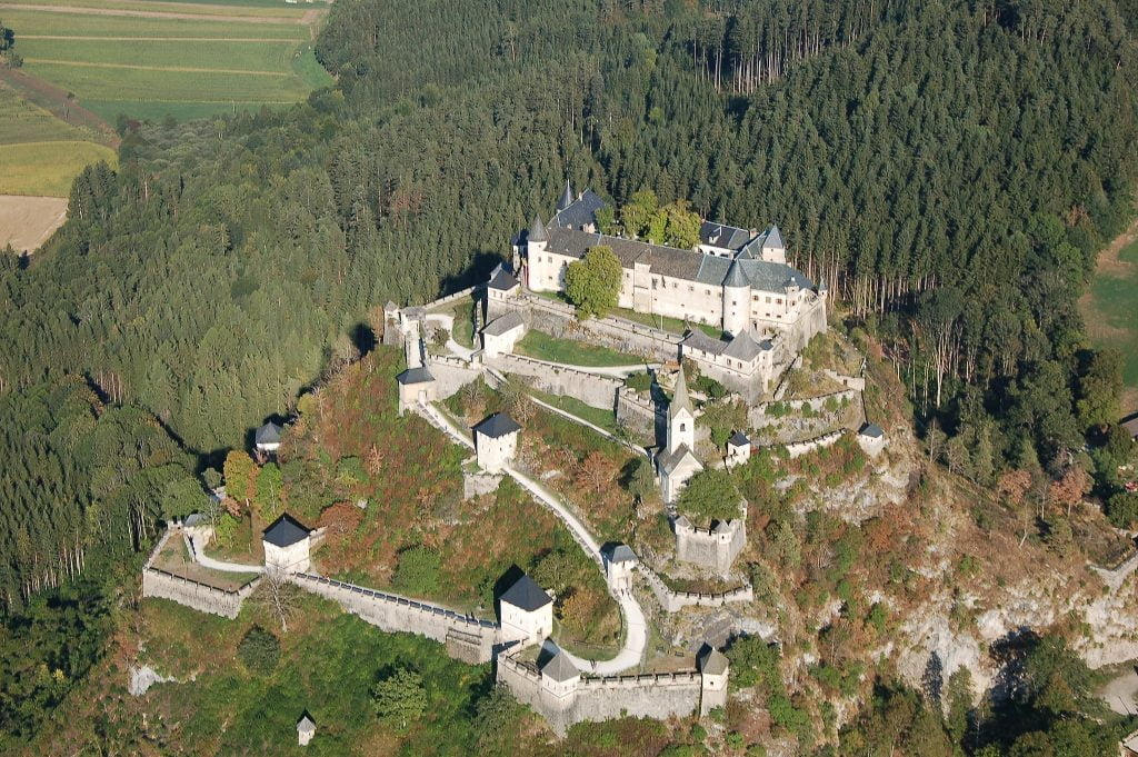 A current aerial view of Hochosterwitz Castle. 
