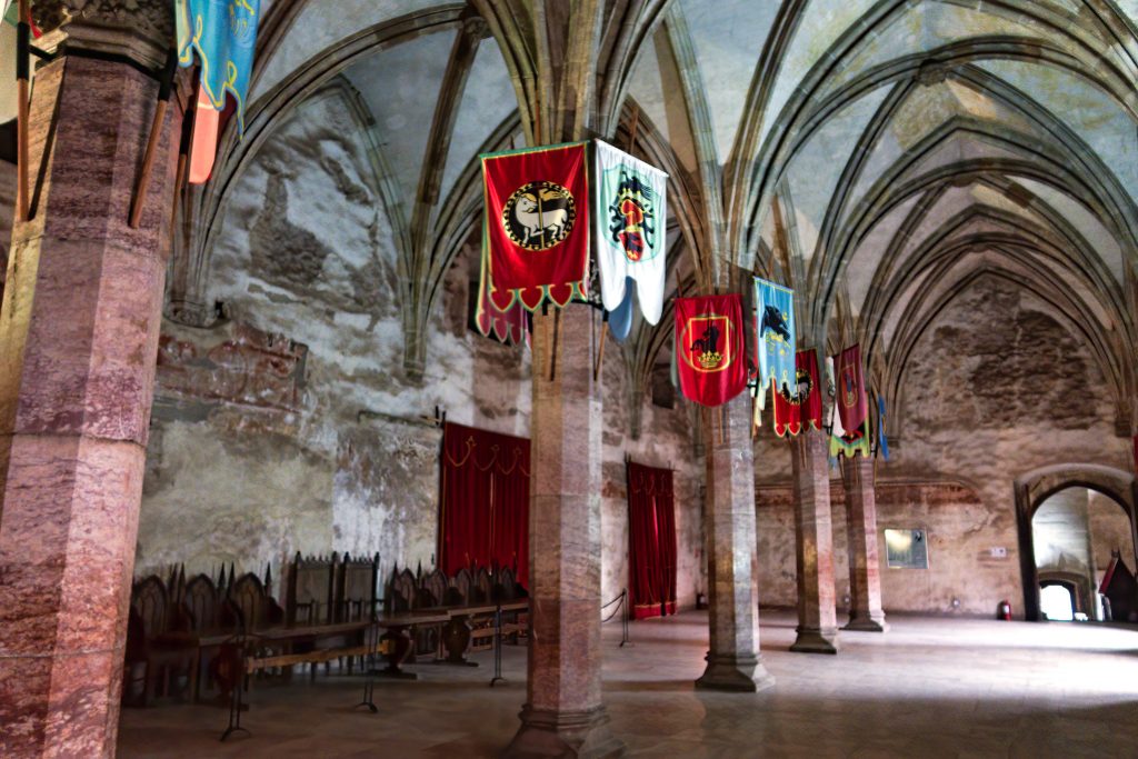 Corvin Castle's ceremonial hall with rose granite pillars .