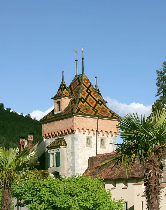 A detailed view of the amazing roof artistry at Oberhofen.