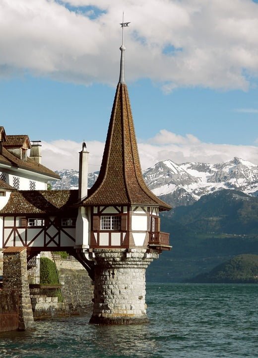 The rebuilt water tower with mountain view.