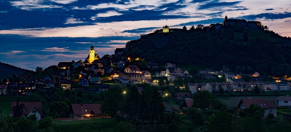 The night view of Riegersburg Castle.