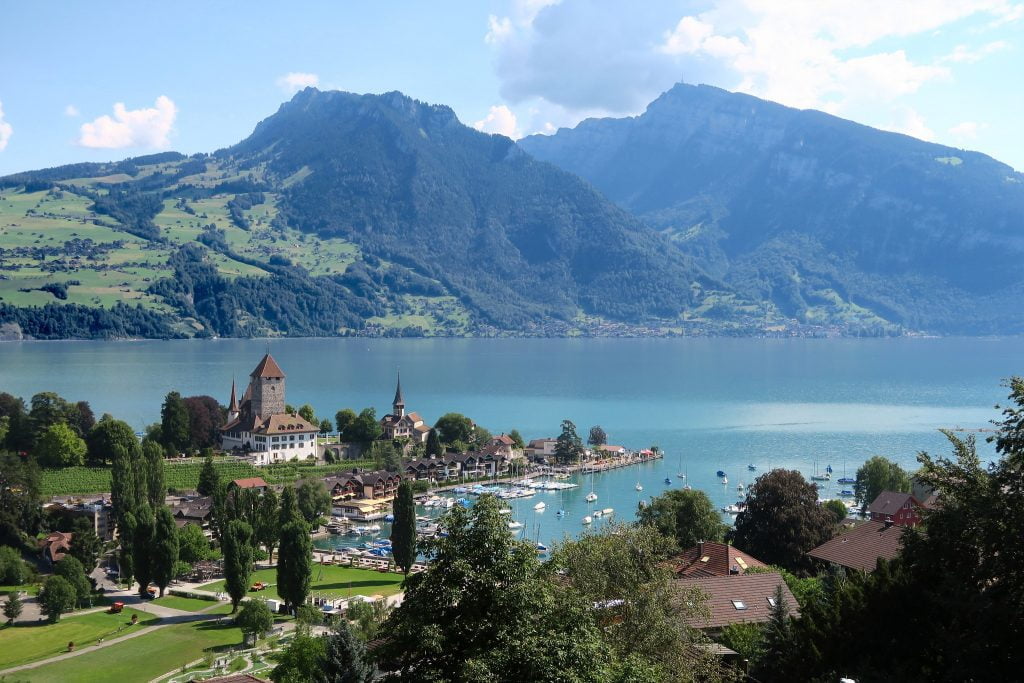 The amazing view of Spiez Palace and it's surroundings from the terrace of a restaurant.