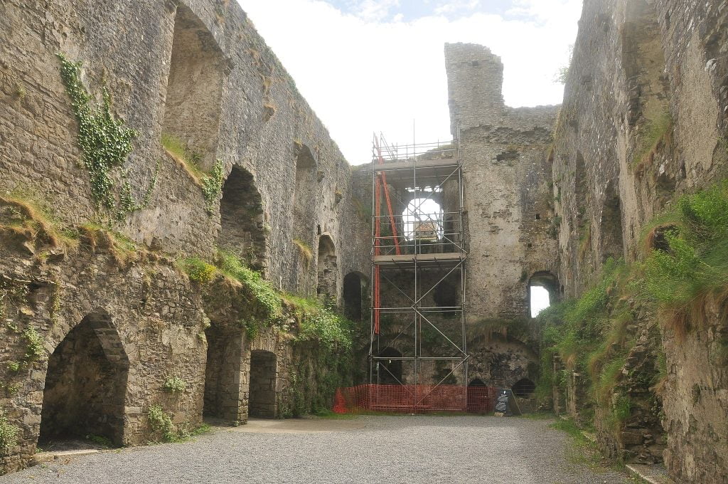 Carew Castle's interior structure being repaired.