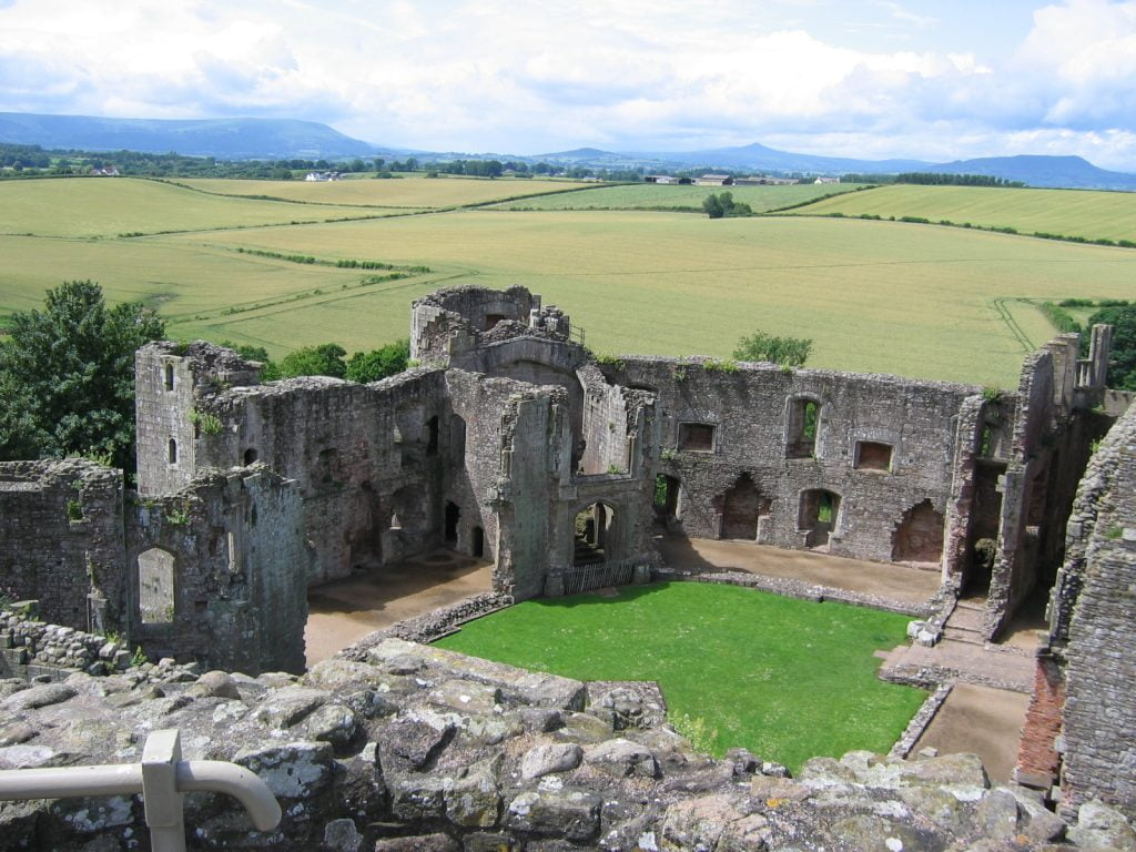 An aerial view of Raglan Castle's grounds. 