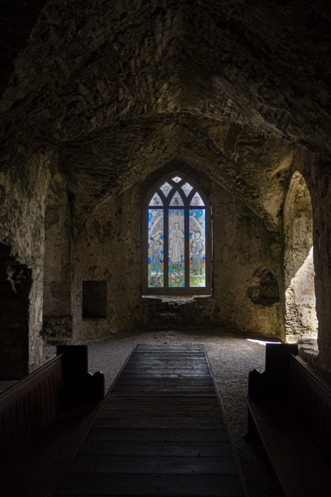 The stained glass window at Carew Castle.