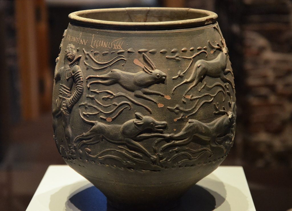 A pot excavated from a Roman grave at Colchester Castle. 
