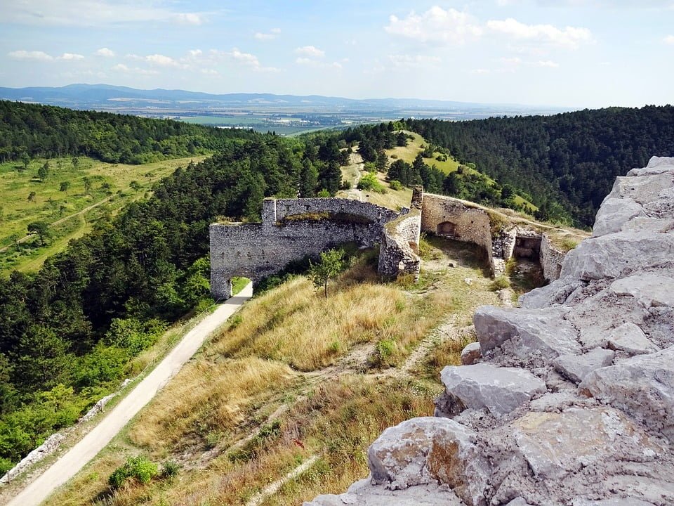 The aerial view of the side of Cachtice Castle.