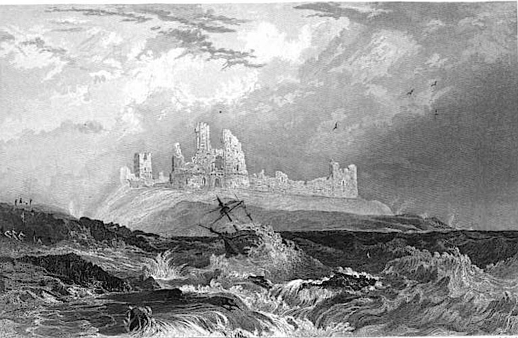 An 1838 artistic rendering of Dunstanburgh Castle.