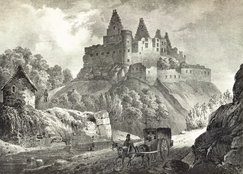 An artistic representation of the ruins of Vianden Castle in the nineteenth century.