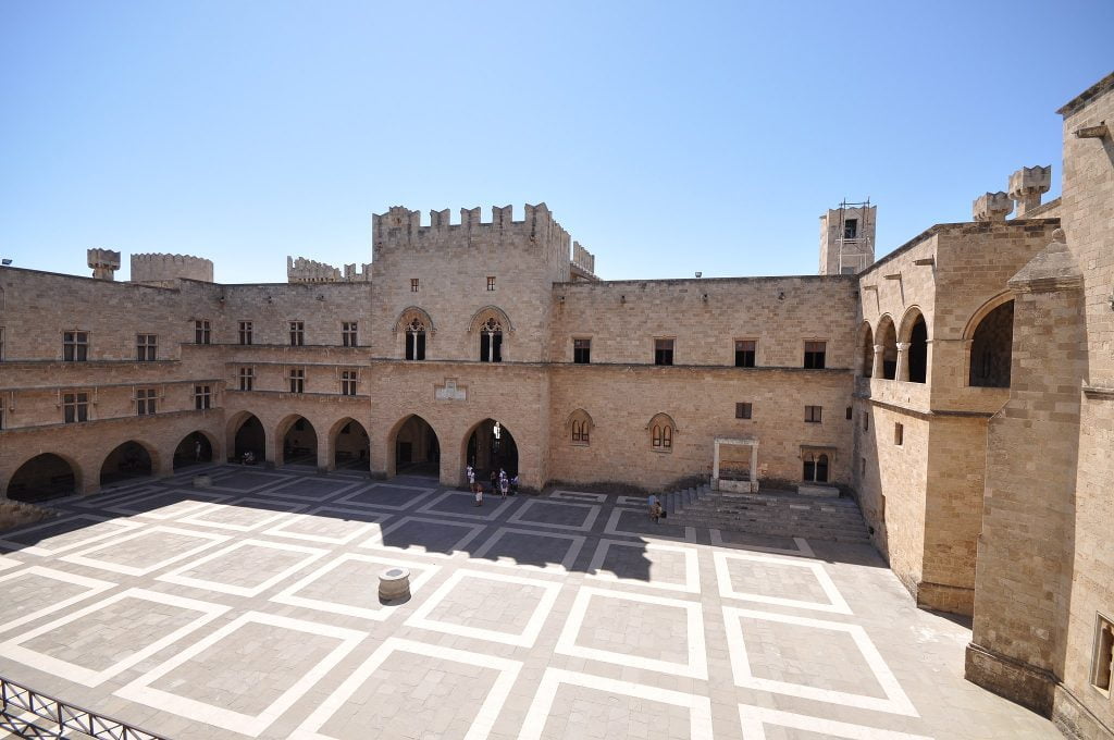 The view of Rhodes Palace inside grounds.