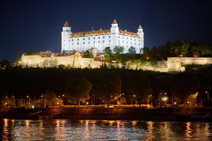 The gorgeous view of Bratislava Castle at night.
