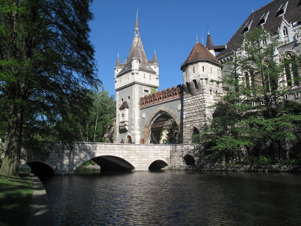 A view of the bridge to the entrance of Vajdahunyad Castle. 