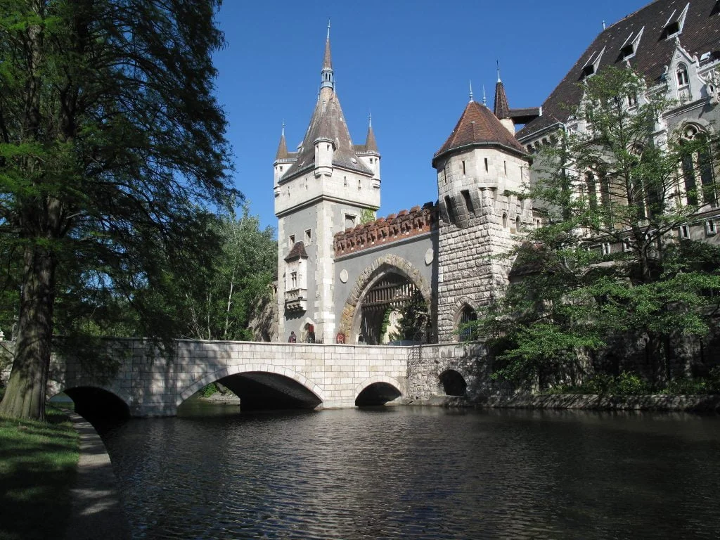 A view of the bridge to the entrance of Vajdahunyad Castle.