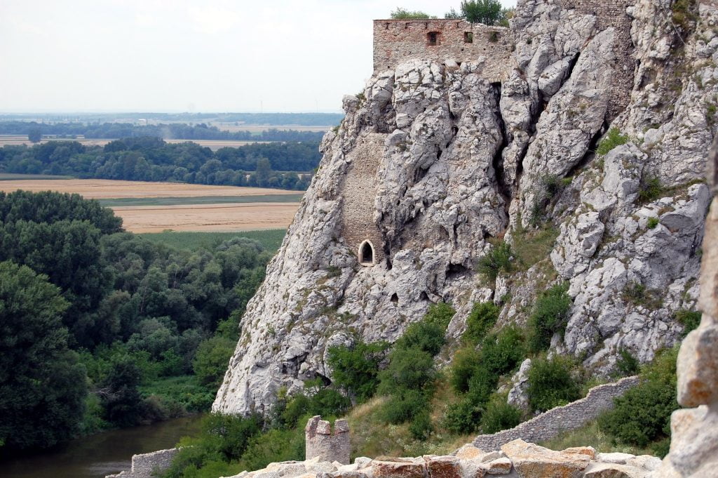 A closer look of Devin Castle where you can see the tunnel burrowed into rock.