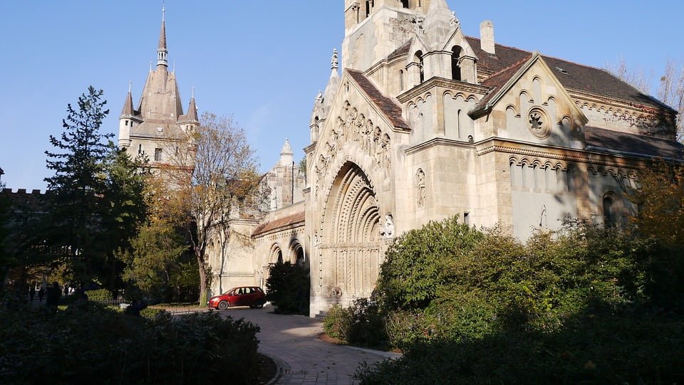 A side view of the entrance to Vajdahunyad Castle, Budapest.